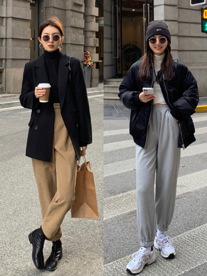 服饰系列实景模特穿着蓝色毛衣和黑色长裤的室外摆拍_美女头像真人背影