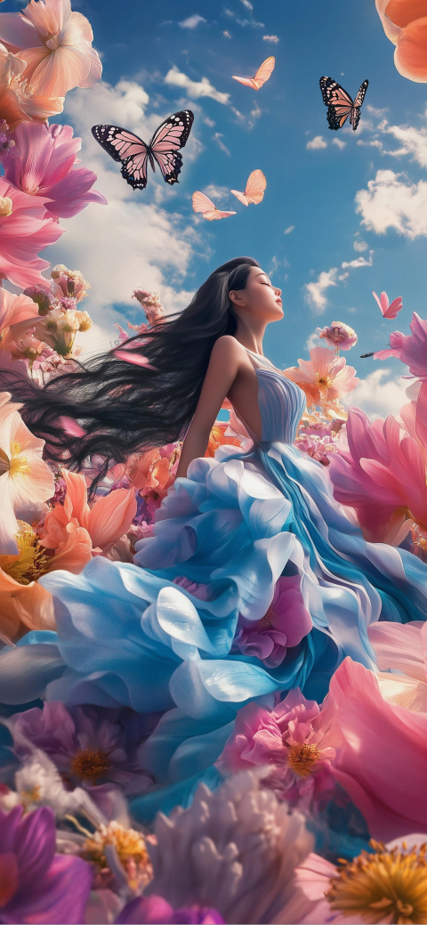 网红模特站在花海里摆姿势_美女照片