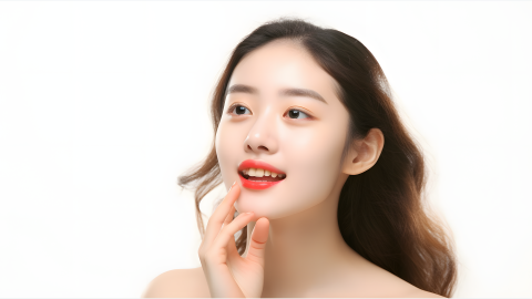 一个梳着辫子的年轻亚洲女人的粉红色背景肖像_美女照片真人图片背面