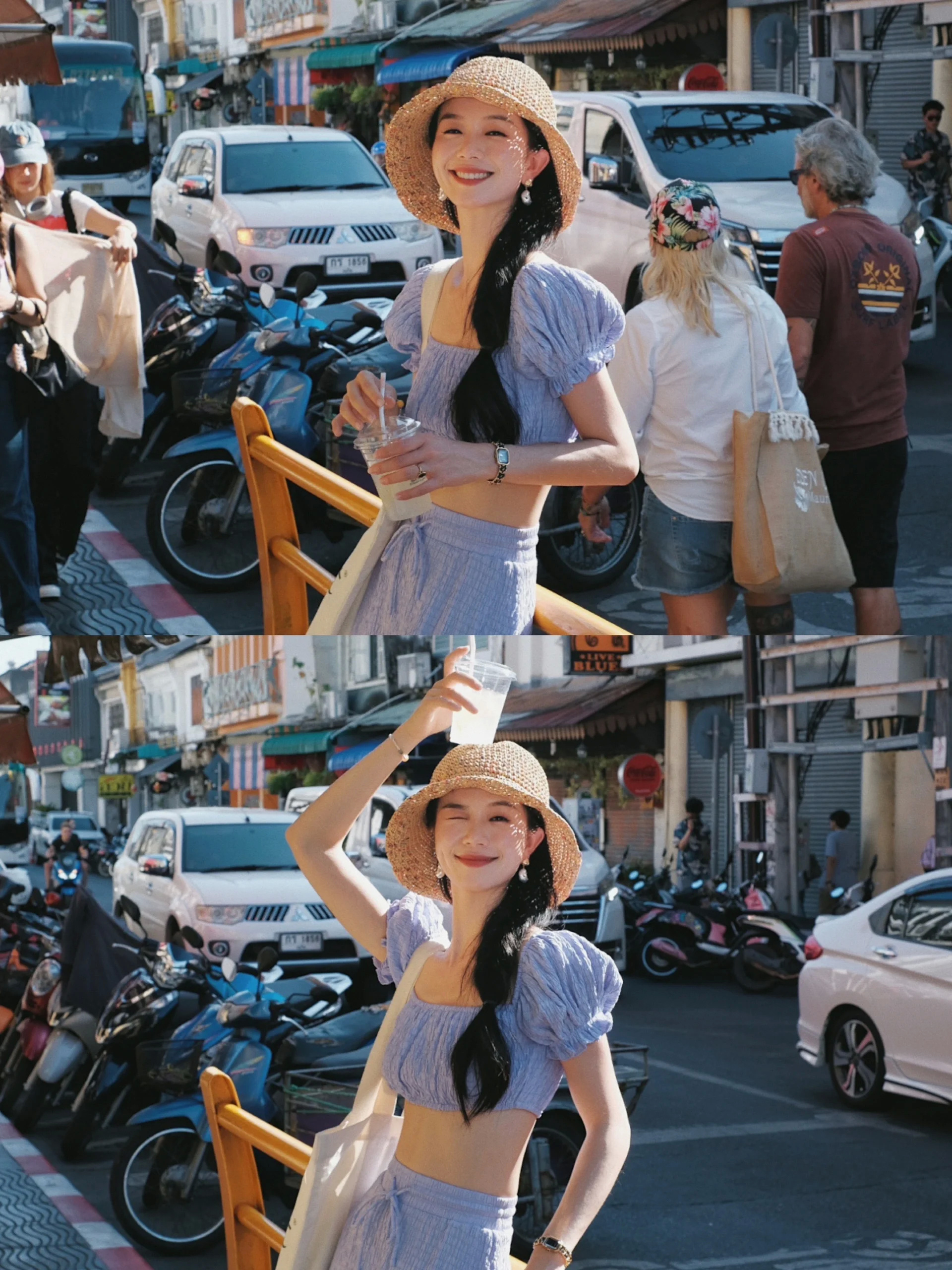 美丽的女人在白色的裙子摆姿势在紫色的马鞭草花田迷人的中国女孩与黑色的长发享受她的休闲时间户外_美女头像